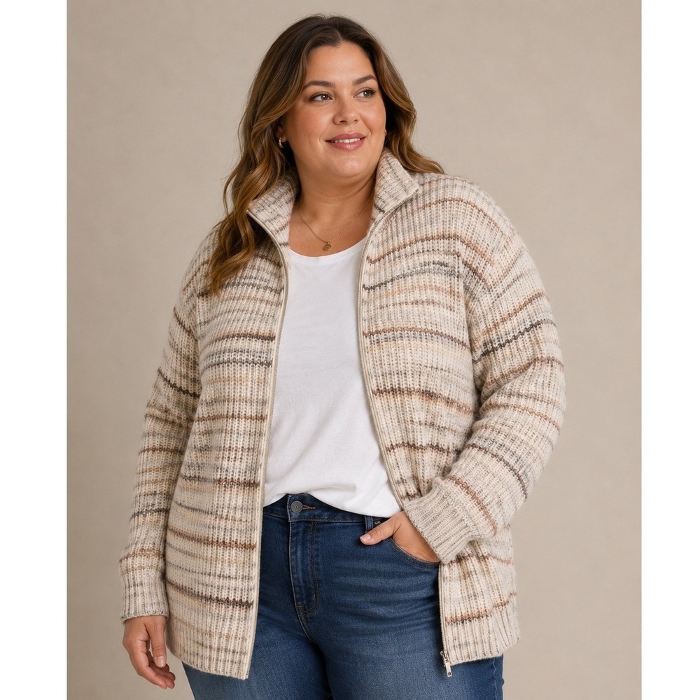 CJ Banks Womens 3X Full Zip Striped Cardigan Sweater Funnel Neck Cream Brown